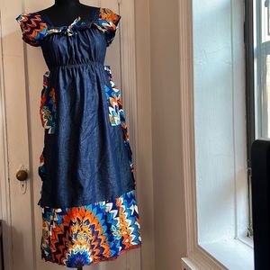 Vintage homemade jean dress with bright floral/ feather accents sz small/xsmall